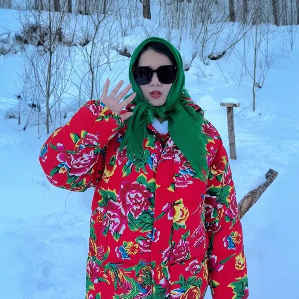 Festive Northeast Large Floral Cotton Jacket Loose Winter Coat