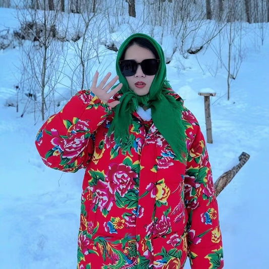 Festive Northeast Large Floral Cotton Jacket Loose Winter Coat