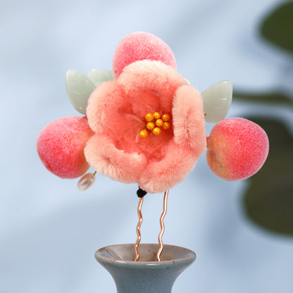 Peach Hanfu Hair Clips Velvet Flower Kids Costume Cute Chinese Style Accessories