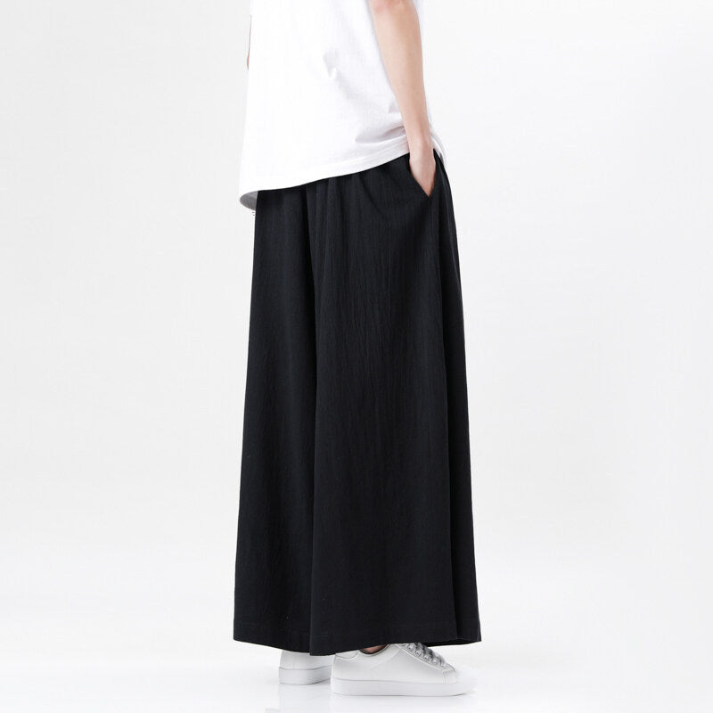 Mens Chinese Style Hanfu Linen Nine Point Retro Wide Leg Pants