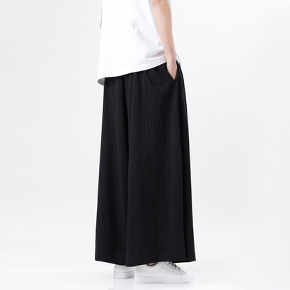 Mens Chinese Style Hanfu Linen Nine Point Retro Wide Leg Pants
