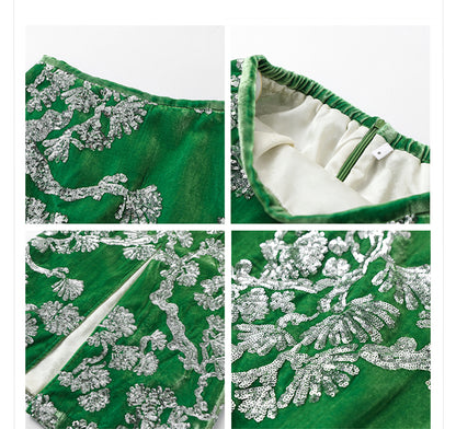 2025 Spring New Chinese Beaded Embroidered Silk Cardigan & Skirt Set