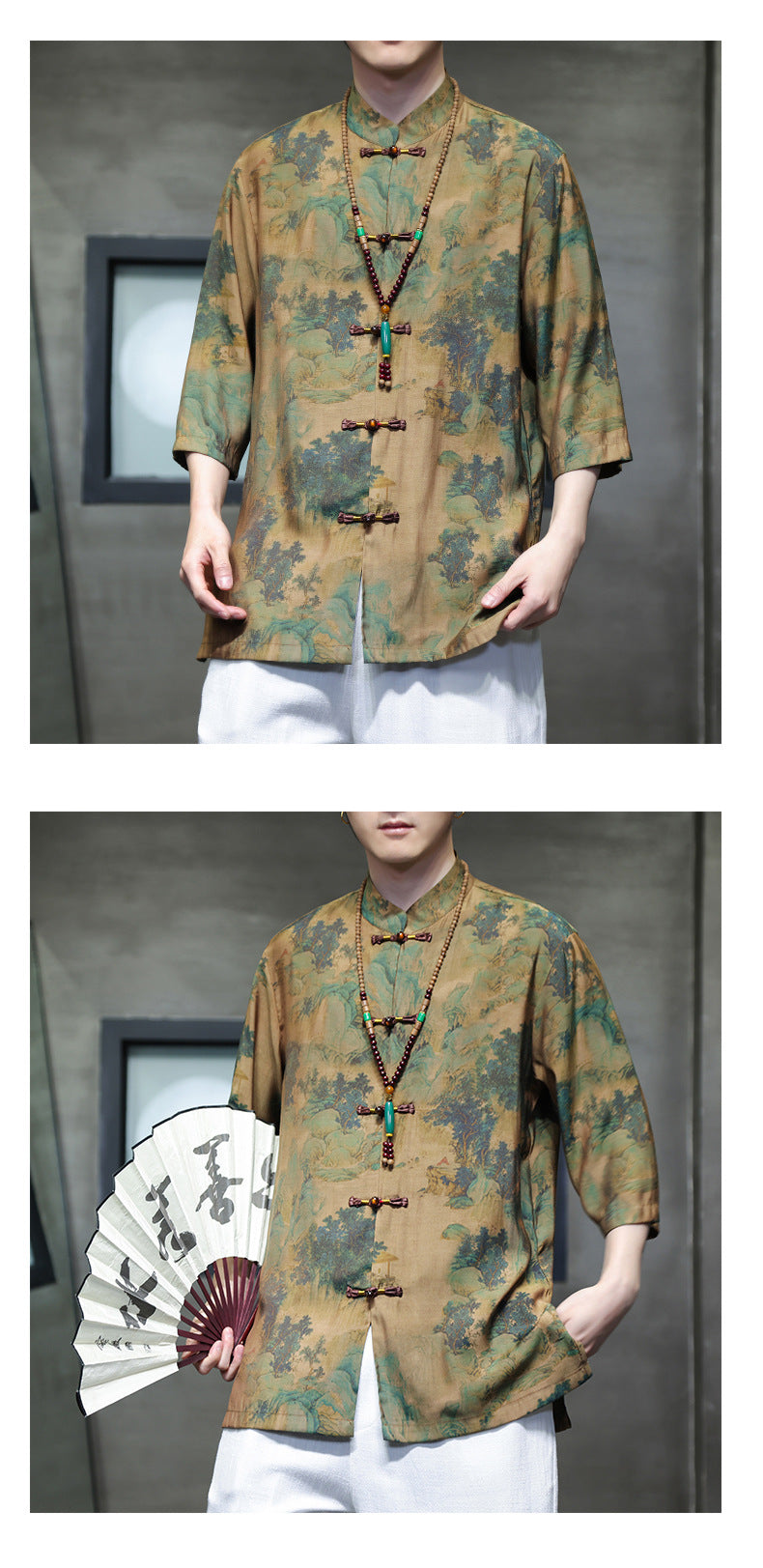 Mens Summer Chinese Tang Shirt Three Quarter Sleeve Fashion Trendy