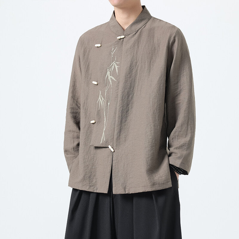 Chinese Style Mens Slanted Collar Hanfu Shirt Long Sleeve Tea Dress