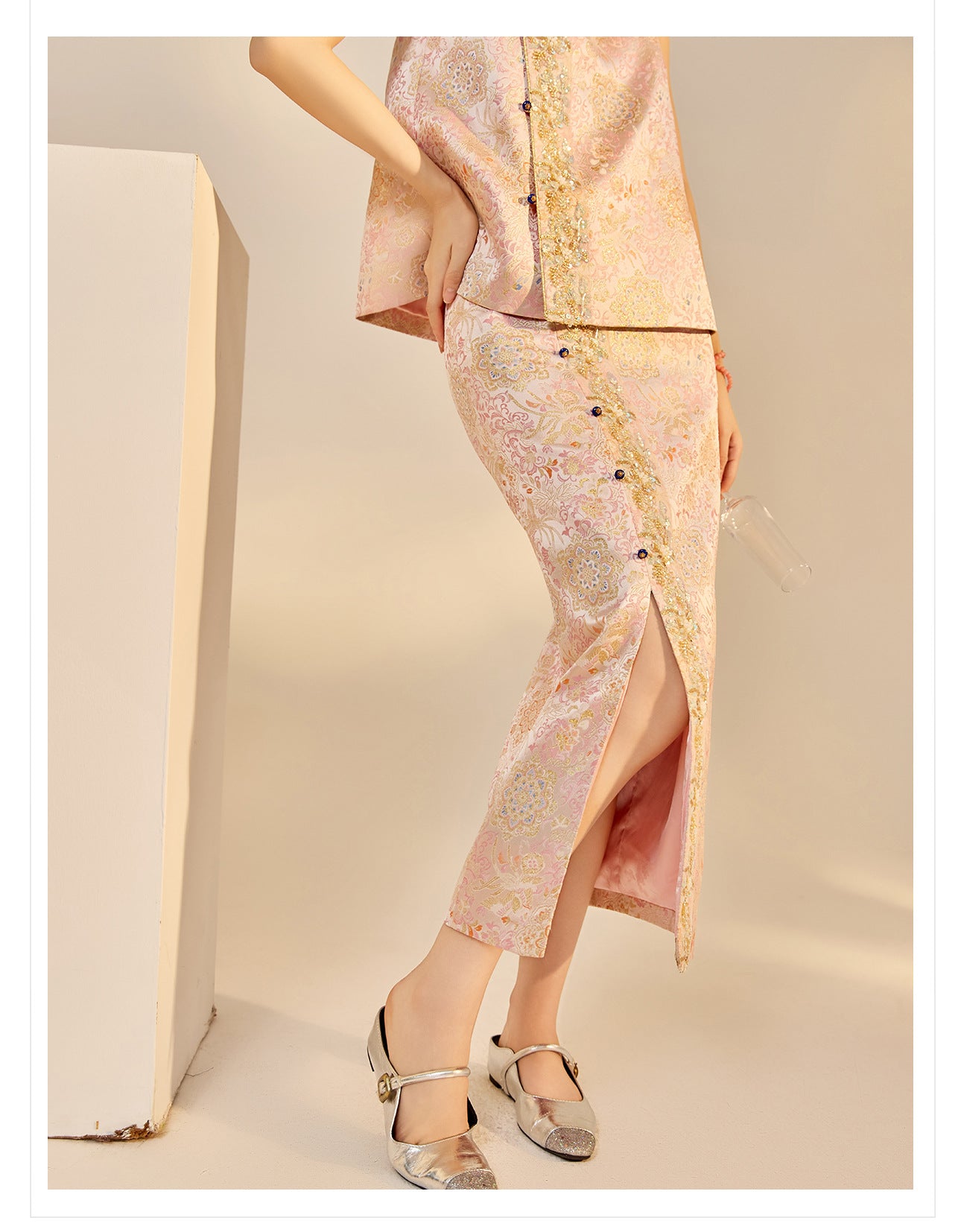 Elegant Beaded Asymmetrical Vest & High Waist Skirt Set