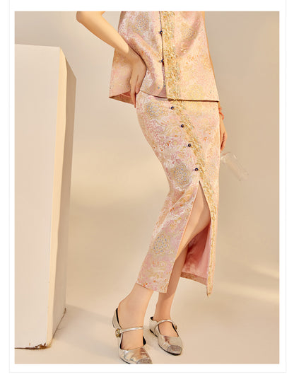 Elegant Beaded Asymmetrical Vest & High Waist Skirt Set