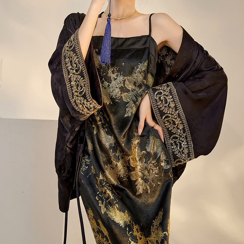 Summer New Chinese Printed Rayon Shirt & Strap Dress Set