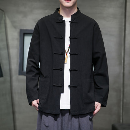 Mens Autumn Chinese Style Hanfu Tang Suit Button Up Cotton Linen Top