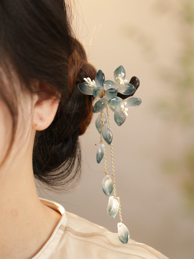 Ink Blue Magnolia Hairpin | New Chinese Style Elegant Wooden Accessory