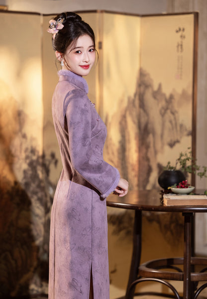 2025 New Chinese Cheongsam – Youthful Elegant Purple Winter Dress