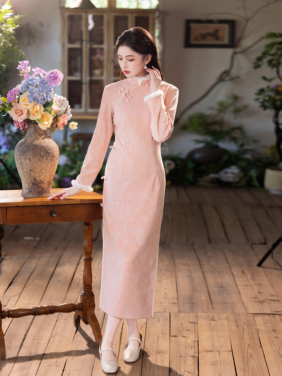2025 Pink Velvet Cheongsam | New Chinese Style Warm Winter Dress