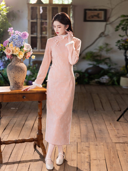 2025 Pink Velvet Cheongsam | New Chinese Style Warm Winter Dress