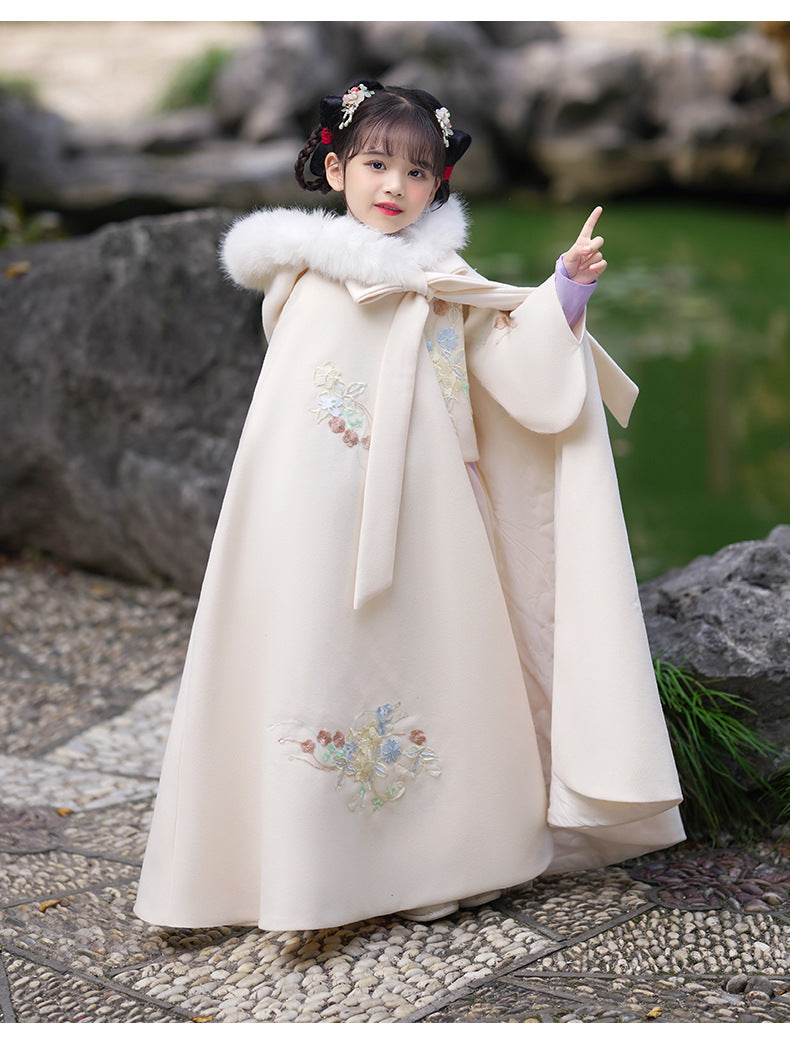 Girls' Winter Hanfu Cloak with Fur Collar Hooded Fairy Cape