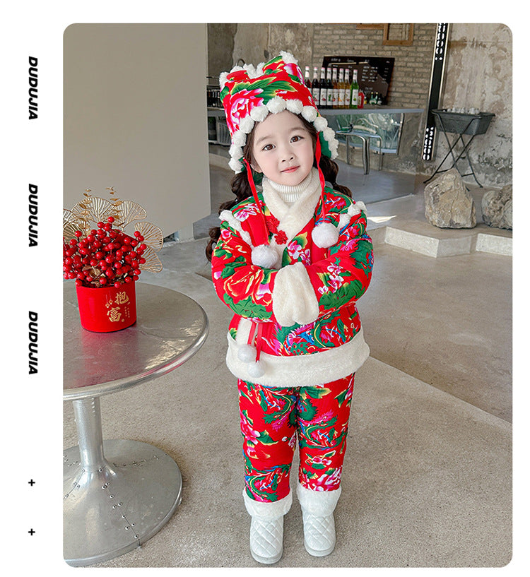 Northeast Floral Girls Padded Jacket Winter Rabbit Ear Four-Piece