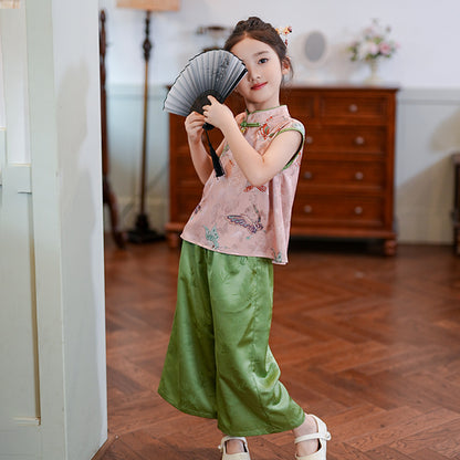 Retro Chinese Style Girls Two-Piece — Summer Cheongsam Top & Skirt