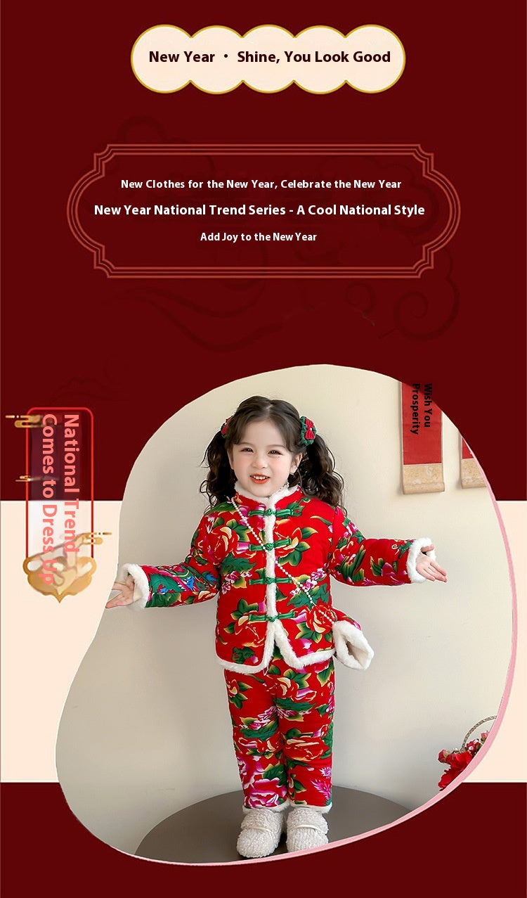 Winter Girls Floral Jacket & Pants Thickened Two-Piece Set