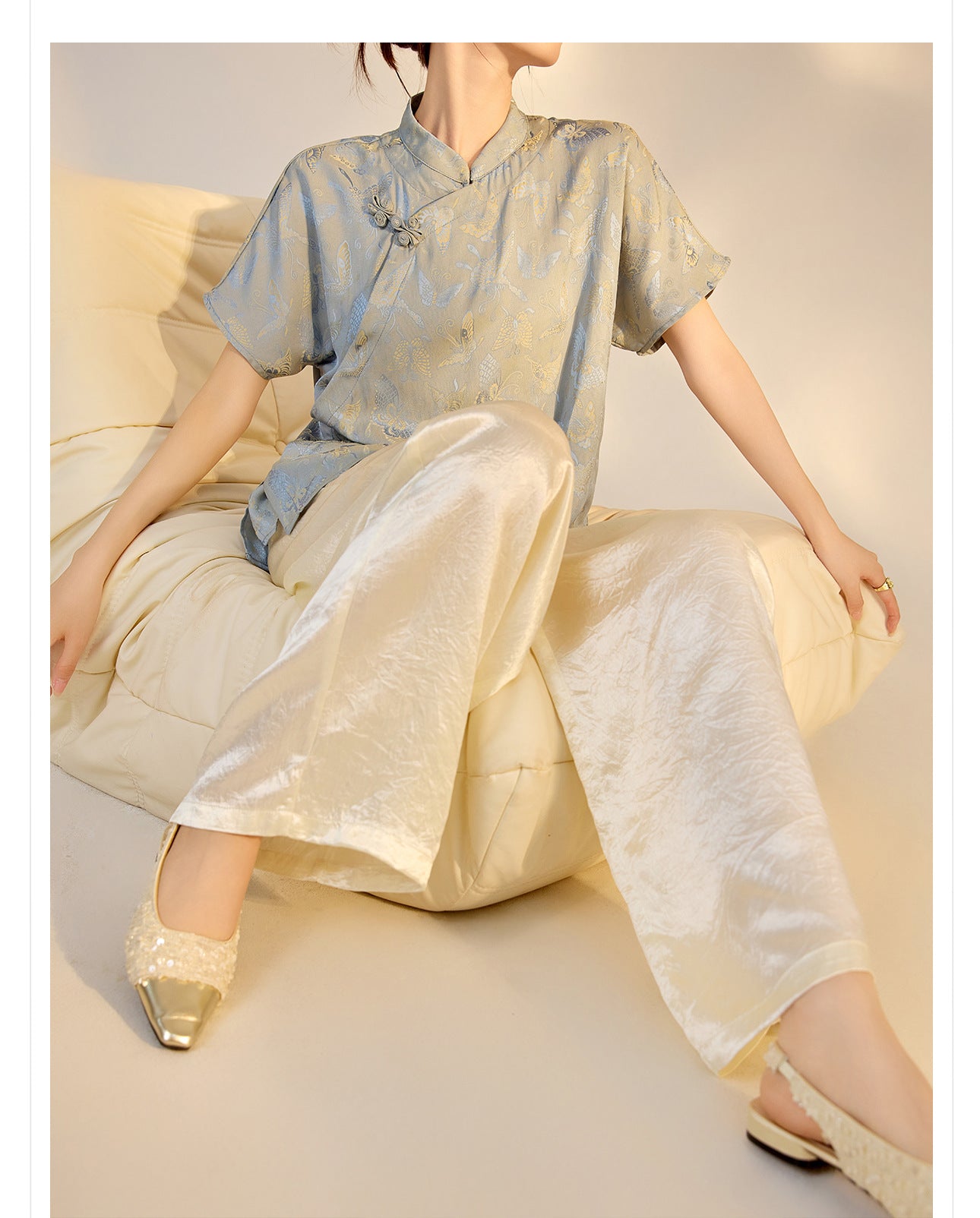 New Chinese Style High-Waist Wide-Leg Acetate Pants for Women