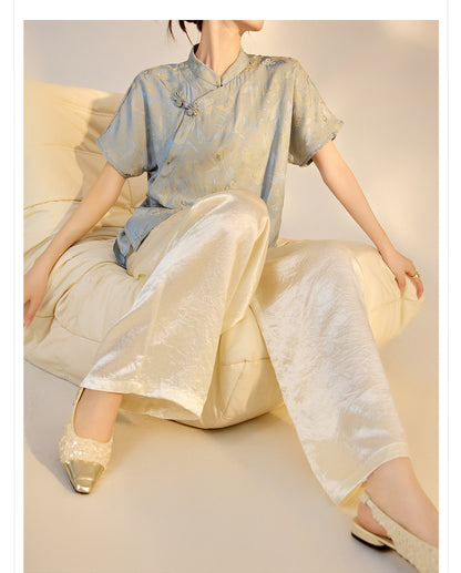 New Chinese Style High-Waist Wide-Leg Acetate Pants for Women