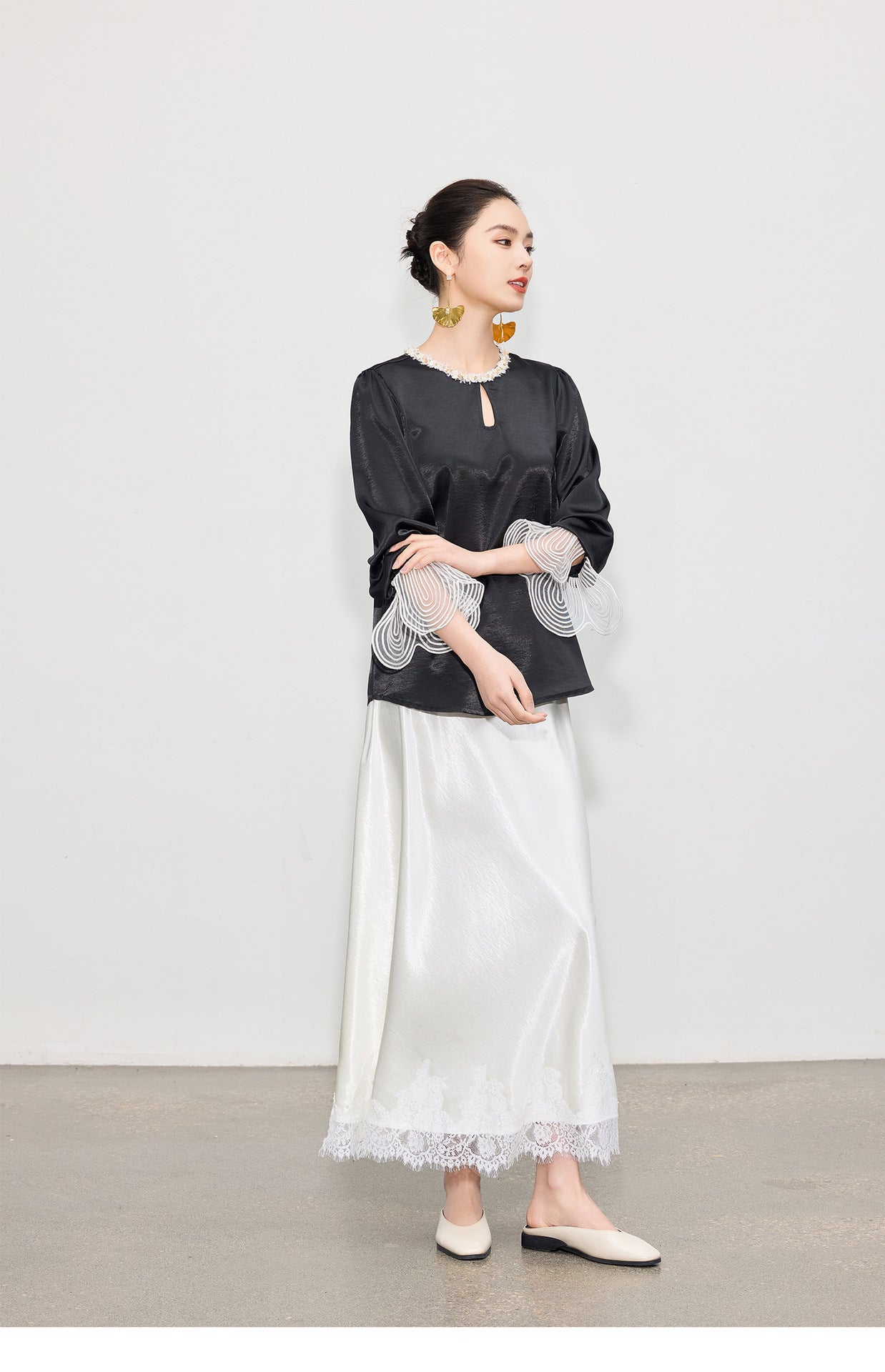 Elegant High-Waist Satin Lace Patchwork Skirt