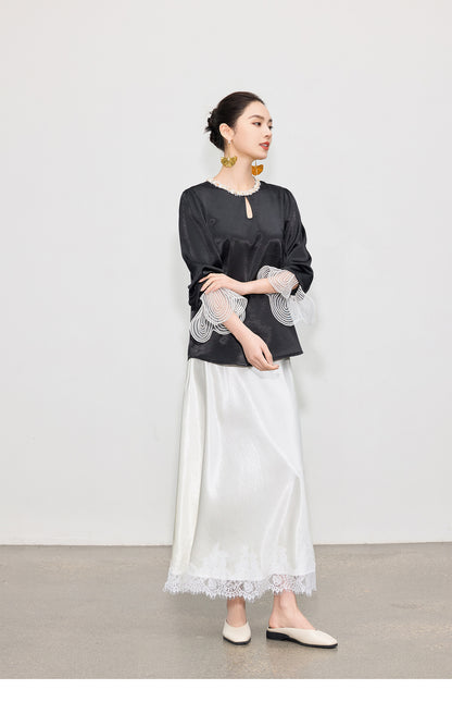 Elegant High-Waist Satin Lace Patchwork Skirt