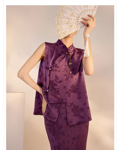 2026New Chinese Style Super Beautiful Purple Printed Rayon Vest and Skirt Early Autumn Set for Women