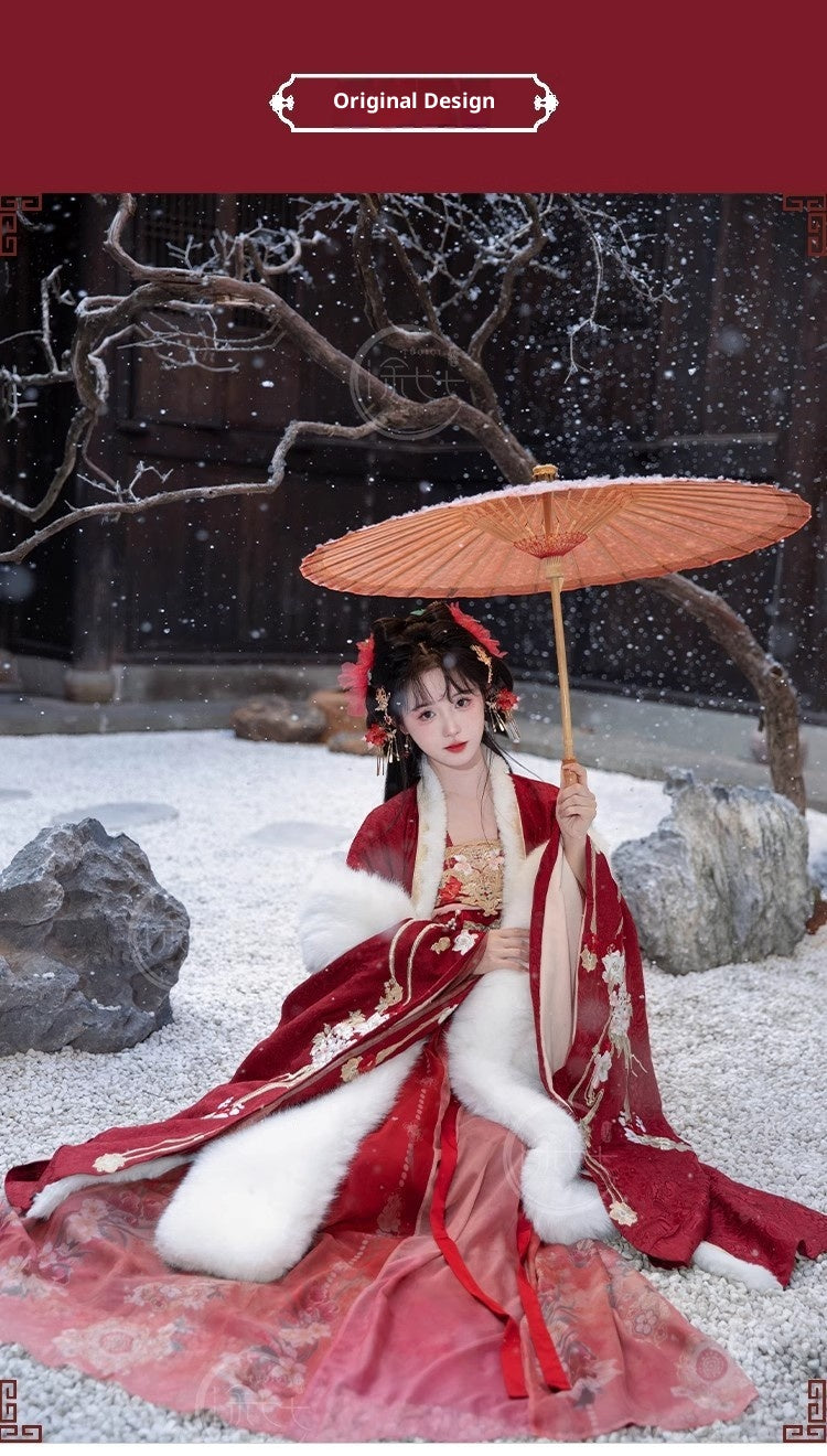 Women's Tang Dynasty Hanfu Winter Embroidered Shirt & Cloak Set