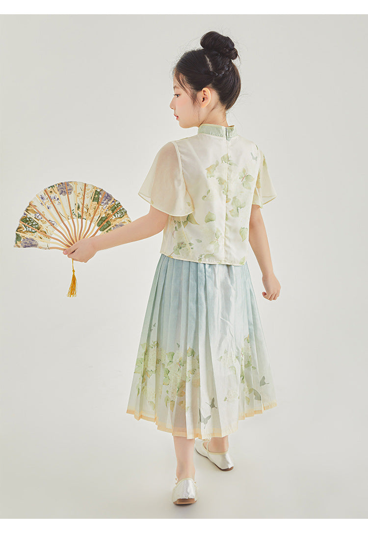 New Chinese Style Girls Outfit — Short Sleeve Shirt & Pleated Skirt