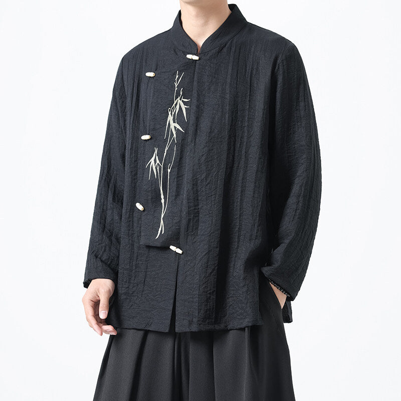 Chinese Style Mens Slanted Collar Hanfu Shirt Long Sleeve Tea Dress