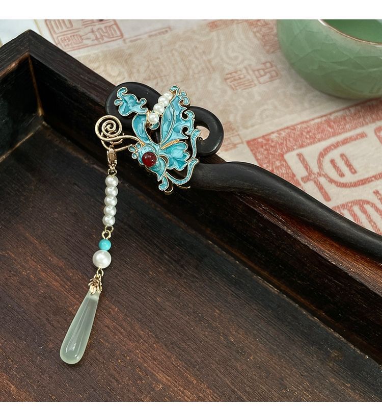Ancient Style Imitation Jade Burnt Blue Butterfly Double Sided Hairpin