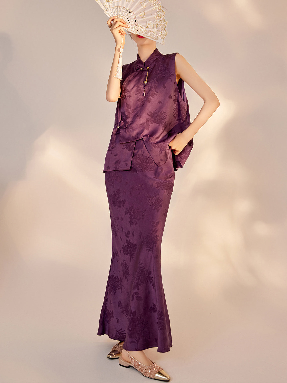 2026New Chinese Style Super Beautiful Purple Printed Rayon Vest and Skirt Early Autumn Set for Women