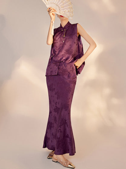 2026New Chinese Style Super Beautiful Purple Printed Rayon Vest and Skirt Early Autumn Set for Women