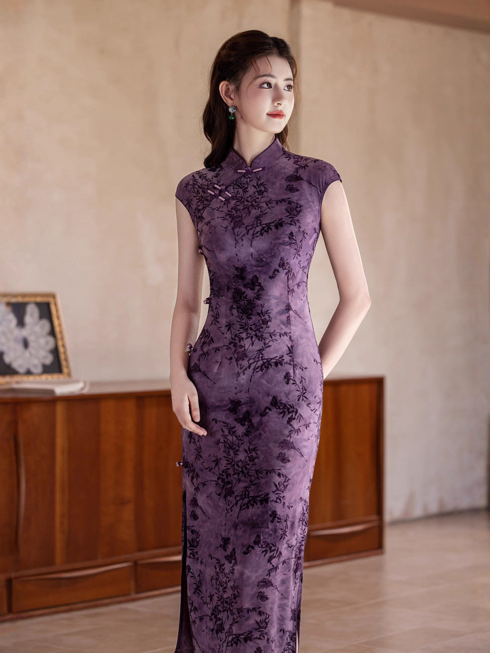 Autumn Elegant Cheongsam – Purple Retro Crescent Sleeve Dress