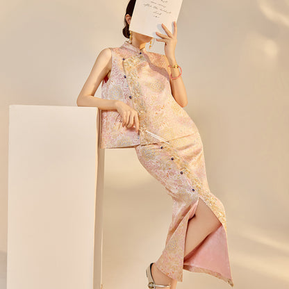 Elegant Beaded Asymmetrical Vest & High Waist Skirt Set