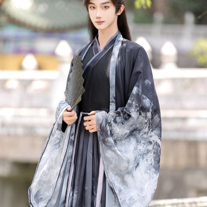 Oriental Ancient Drama Hanfu Costume Mens White Ink Print Daily Wear
