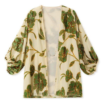 Velvet Burnout Jacket & Printed Cardigan Dress Set for Autumn