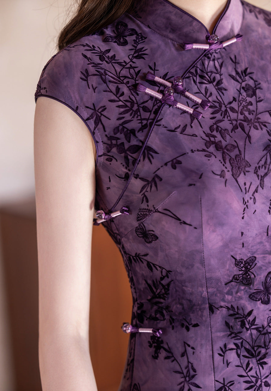 Autumn Elegant Cheongsam – Purple Retro Crescent Sleeve Dress