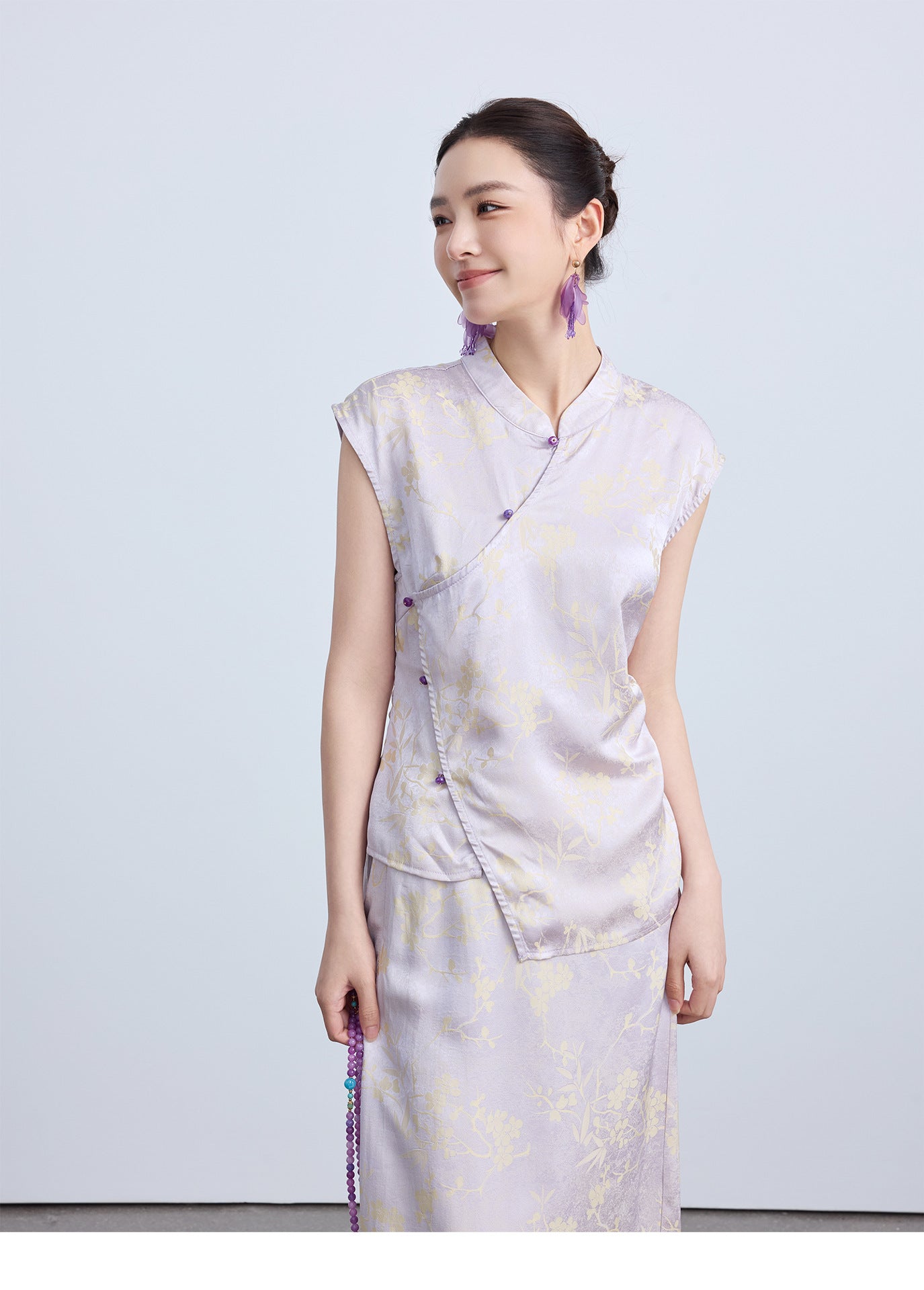 High-End Waist-Cinching Jacquard Top with Asymmetrical Collar