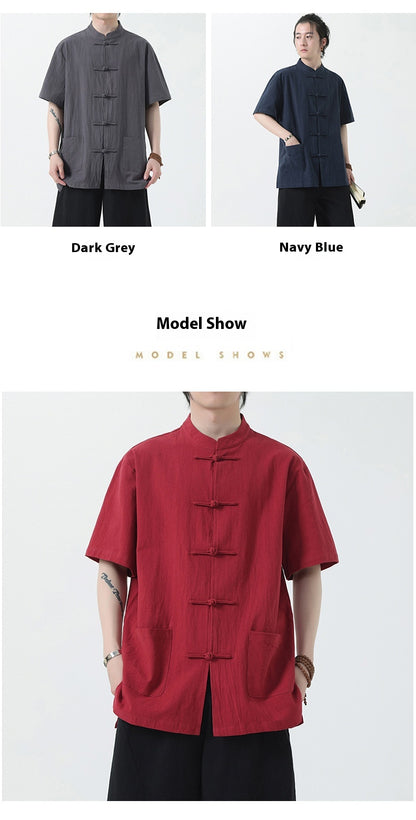 Chinese Style Mens Cotton Linen Shirt Half Sleeve Button Up Casual Top