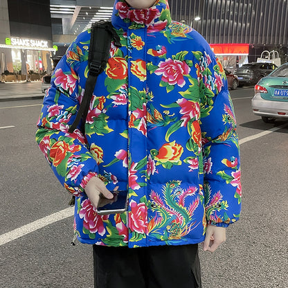 Festive Northeast Large Floral Cotton Jacket Loose Winter Coat