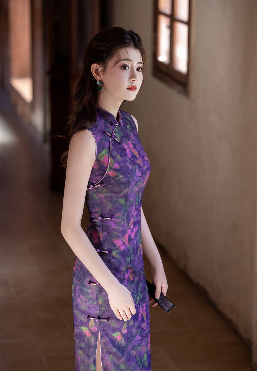 Purple Chinese Style Qipao – Butterfly Elegant Daily Dress