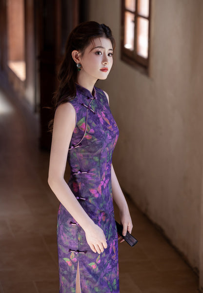 Purple Chinese Style Qipao – Butterfly Elegant Daily Dress