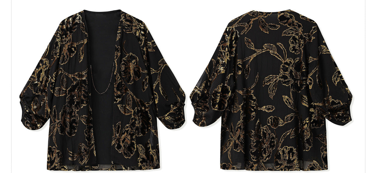 Velvet Burnout Jacket & Printed Cardigan Dress Set for Autumn