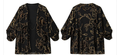 Velvet Burnout Jacket & Printed Cardigan Dress Set for Autumn