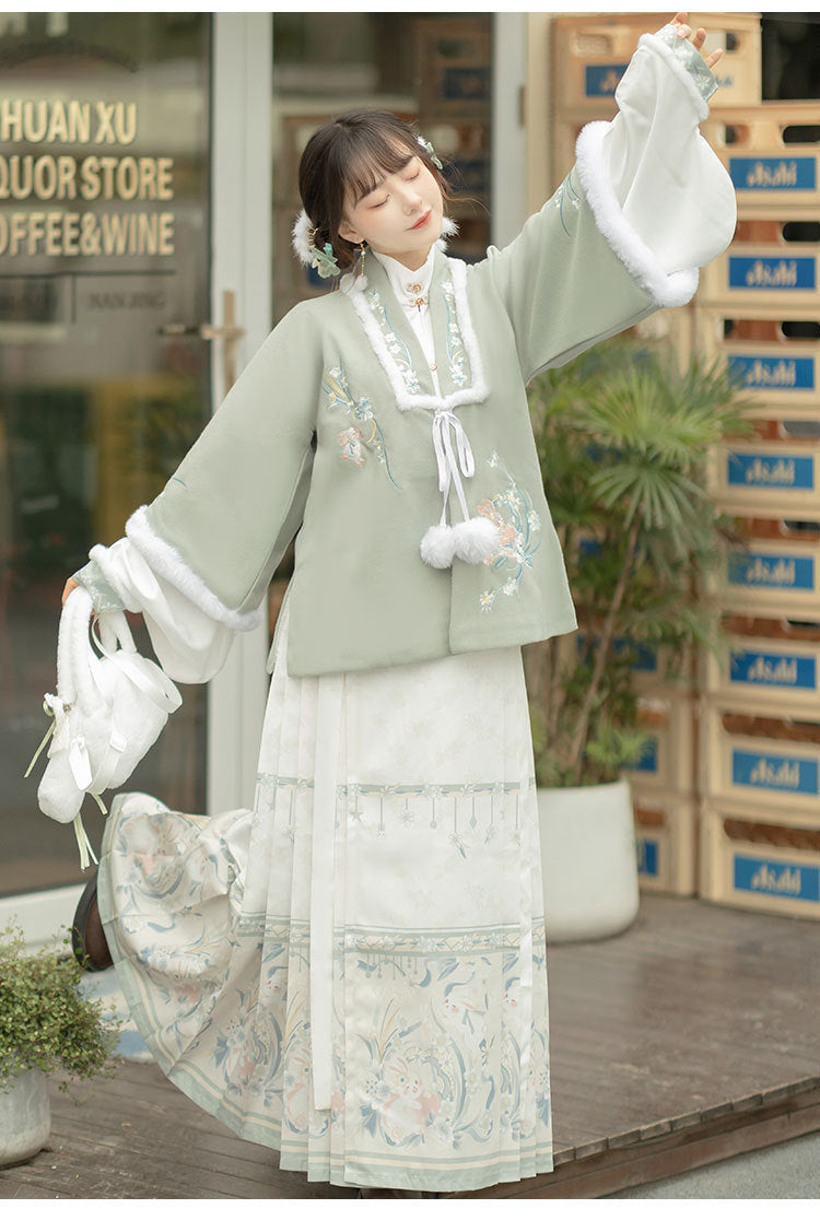 Trees of Sea Women Ming Hanfu Set: Fleece Lined Embroidered Collared Jacket & Horse Face Skirt New Year Outfit