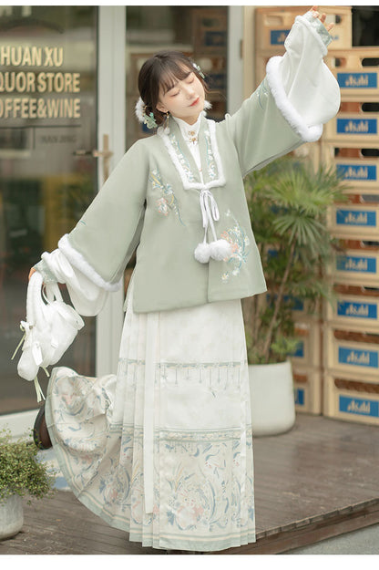 Trees of Sea Women Ming Hanfu Set: Fleece Lined Embroidered Collared Jacket & Horse Face Skirt New Year Outfit