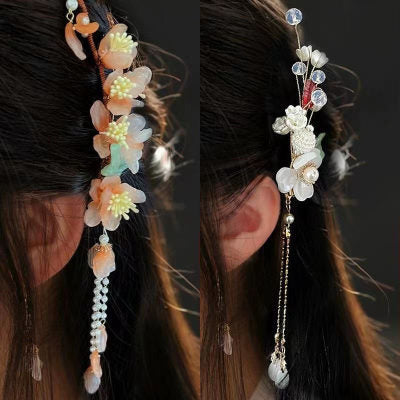 Orchid tassel headdress with side clips and new Chinese flower hairpins