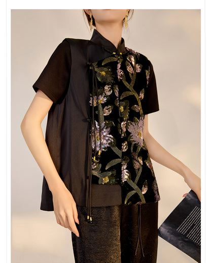Summer Sequin Asymmetrical Vest Top High-End National Style