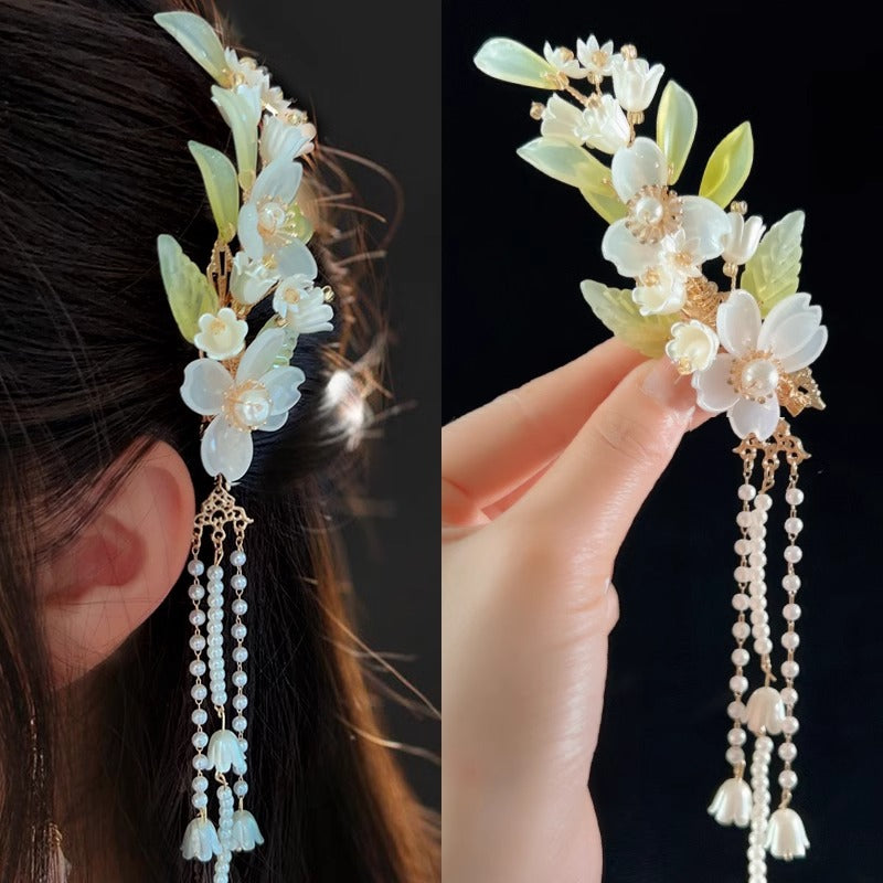 Orchid tassel headdress with side clips and new Chinese flower hairpins