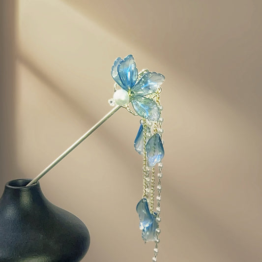 Ancient Style Blue Flower Hairpin High End Chinese Style Pearl Tassel Hairpin