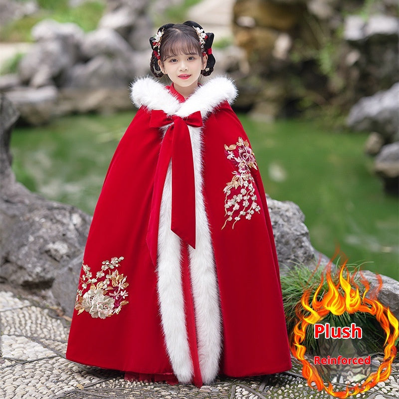 Girls' Winter Hanfu Cloak with Fur Collar Hooded Fairy Cape